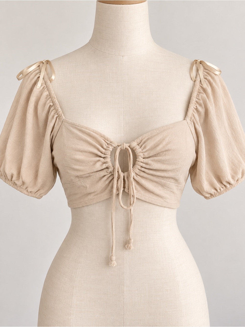 wild fable Beige Ruched Halter Puff Sleeve Crop Top